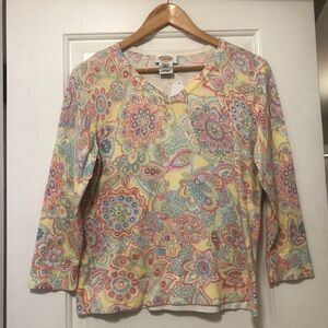 Talbots Yellow Paisley Floral Scoop Neck Long Sleeve Top Size M
